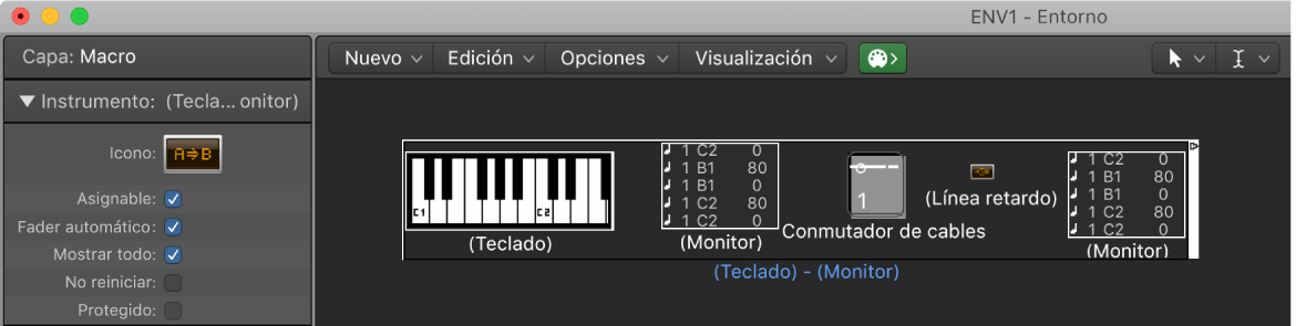 Ilustración. Ventana Entorno con un objeto macro y su inspector.