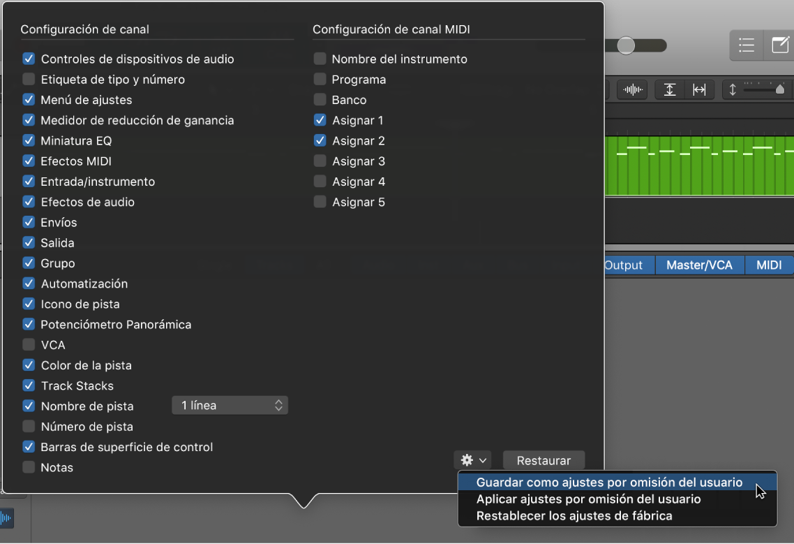 Ilustración. Guardar la configuración de canales actual como ajuste por omisión del usuario.