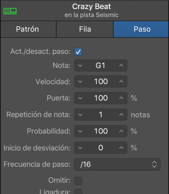 Inspector local del secuenciador de pasos que muestra los ajustes del paso.