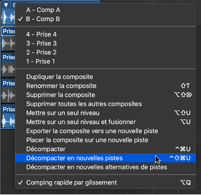 Figure. Sélection de « Décompacter en nouvelles pistes » dans le menu local.