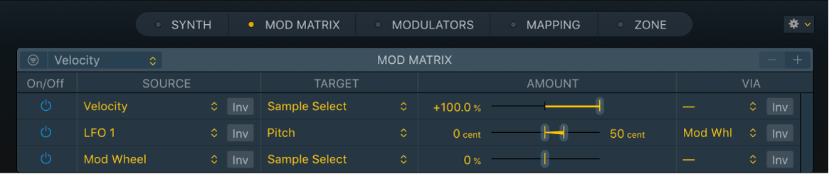 Figure. Sous-fenêtre Mod Matrix de Sampler montrant une cible Sample Select.