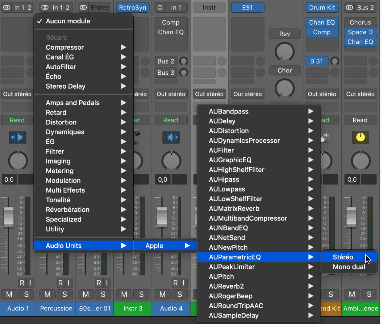 Sous-menu Audio Units du menu Modules.