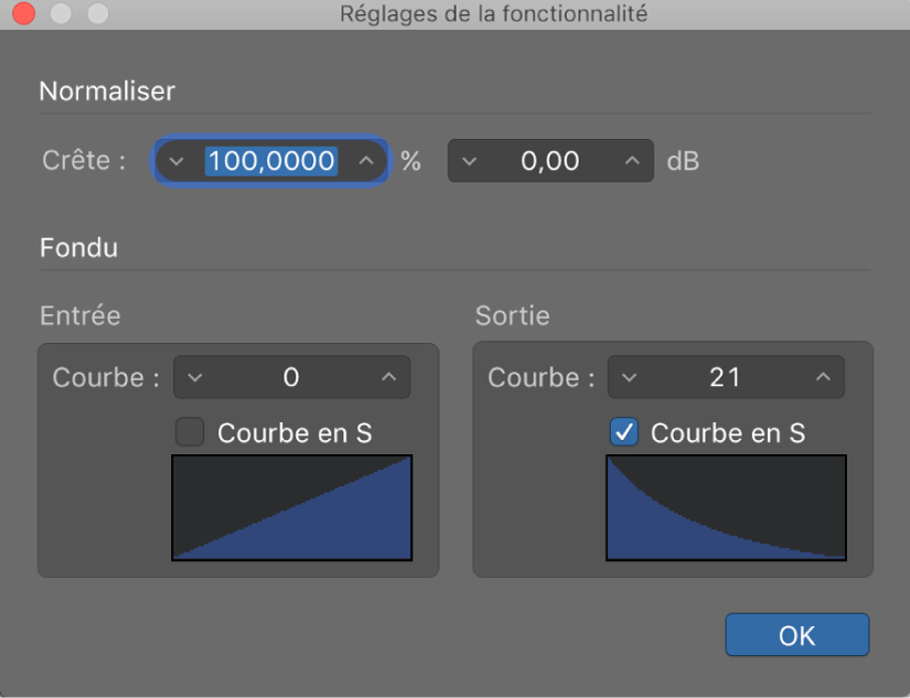 Figure. Fenêtre des réglages de fonction avec valeur de courbe modifiée sur le fondu sortant.