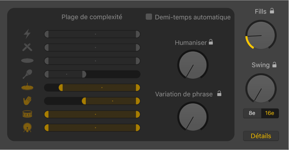 Figure. Potentiomètre Humaniser, potentiomètre Évolution et curseurs Plage de complexité dans l’éditeur de drummer.