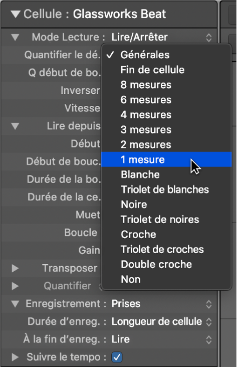 Figure. Menu local Début de quantification dans l’inspecteur de cellule.