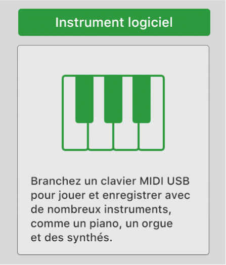 Figure. Sélection du bouton « Instrument logiciel et MIDI » dans la zone de dialogue Nouvelles pistes.