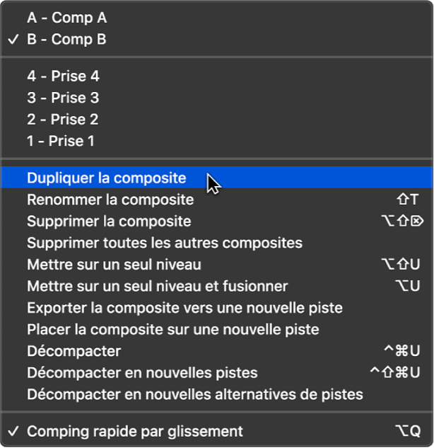 Figure. Sélection de Dupliquer la composite dans le menu local.