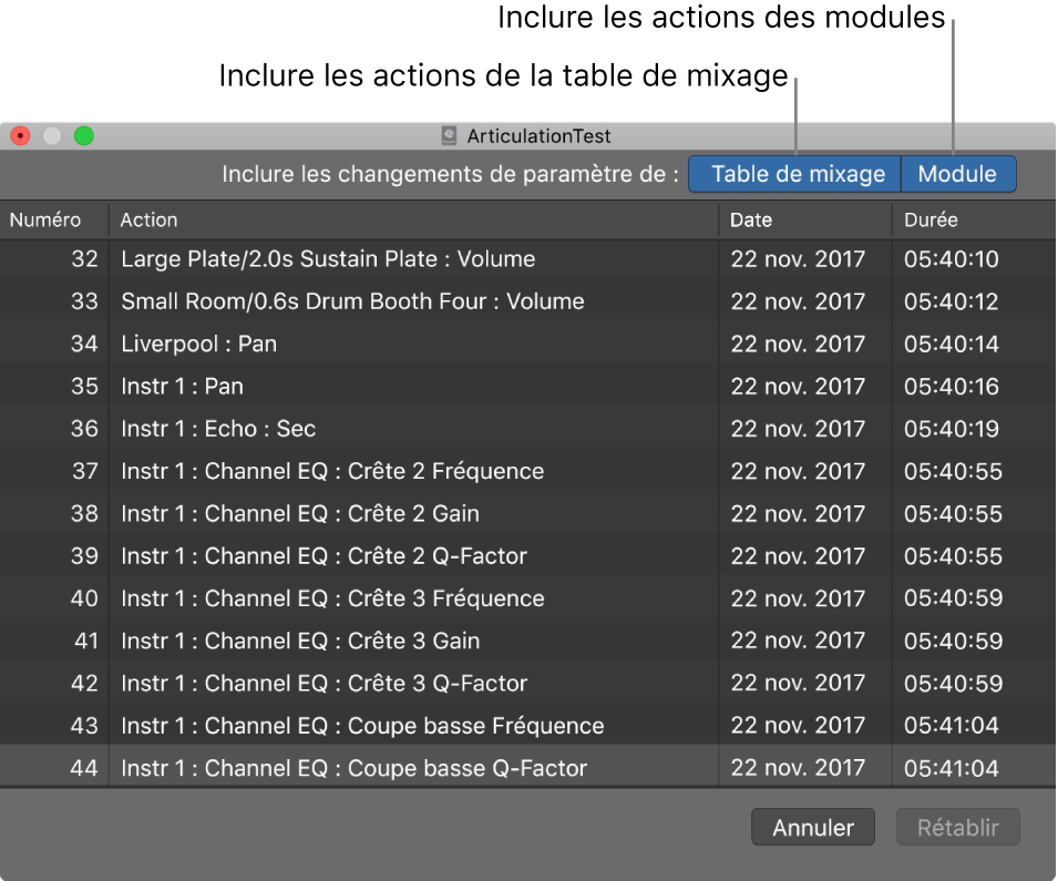 Figure. Historique d’annulation avec les boutons « Inclure les annulations de table de mixage dans l’historique d’annulation du projet » activés.