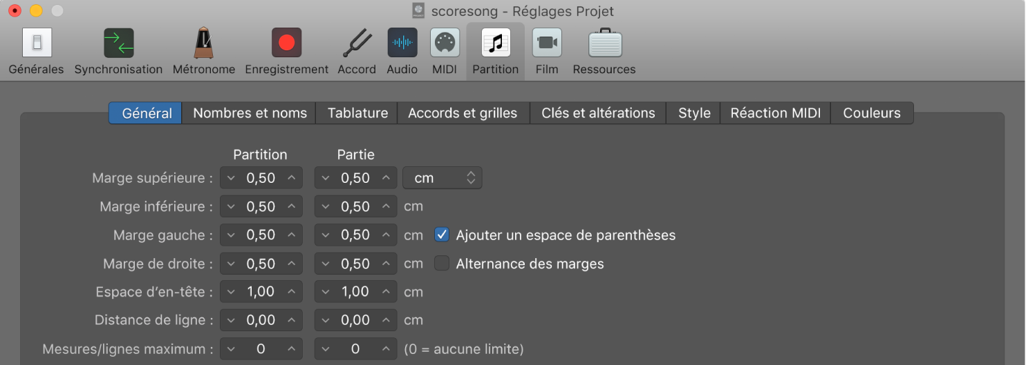 Figure. Sous-fenêtre Global des réglages de partition du projet
