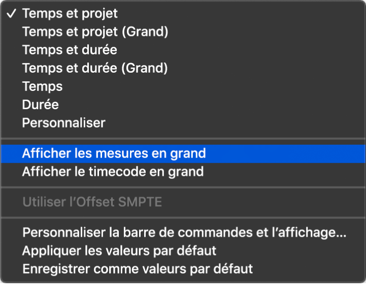 Figure. Menu de l’écran LCD, avec le réglage « Utiliser le décalage SMPTE » sélectionné.