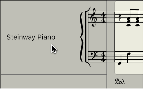 Figure. Nom d’instrument et toutes les régions de la piste d’instruments sélectionnée dans l’éditeur de partition