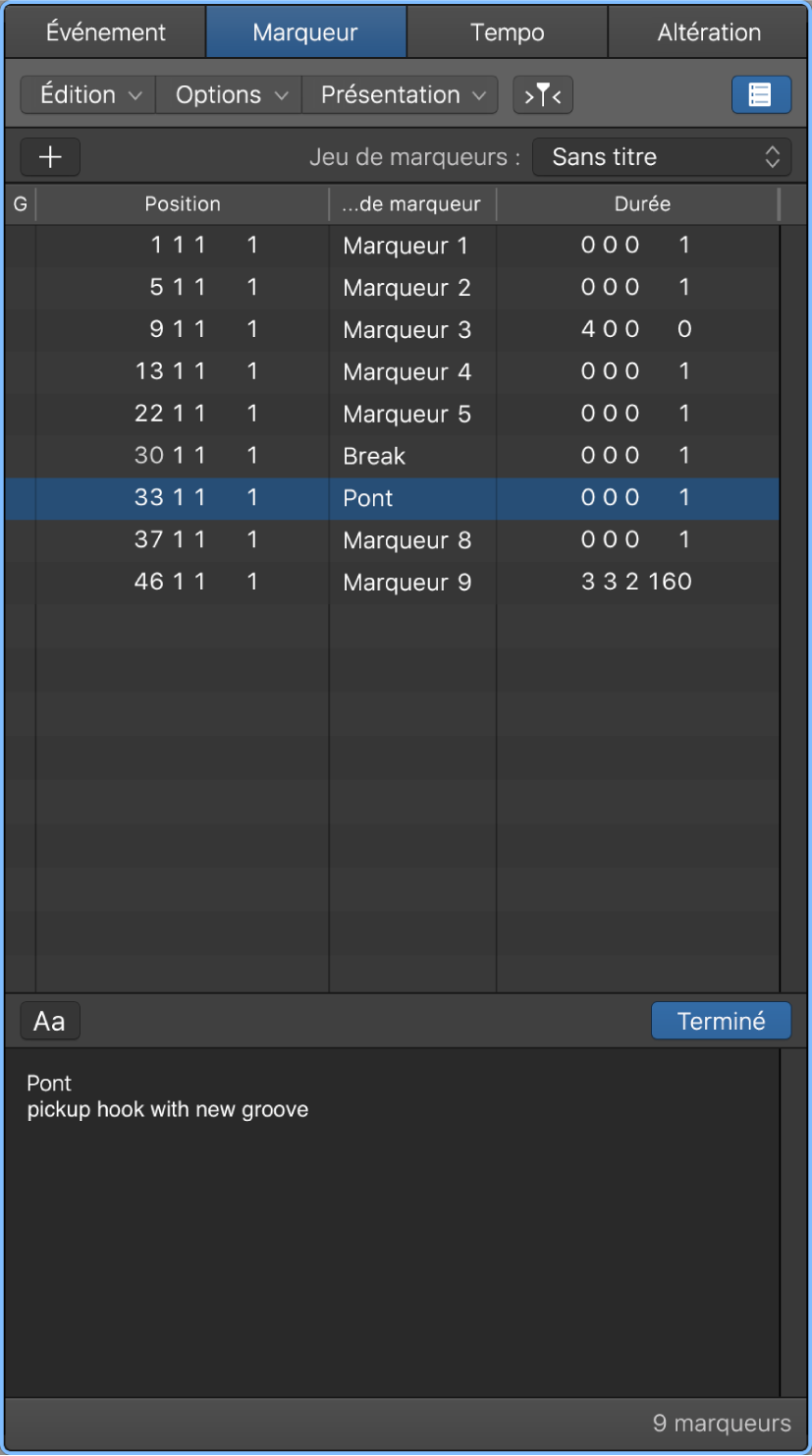 Figure. Liste des marqueurs avec marqueur en cours de changement de nom.