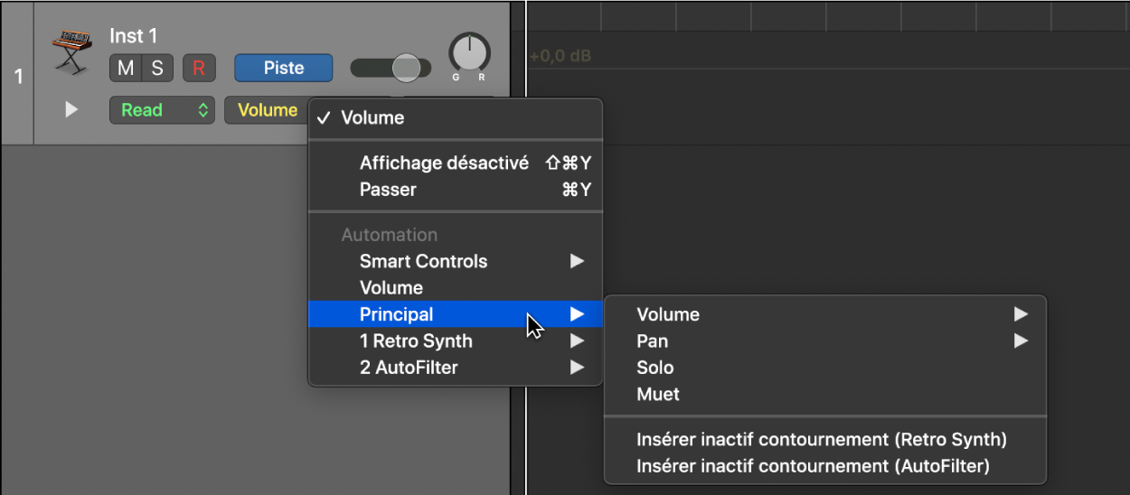 Figure. Choix d’un paramètre d’automation dans le menu local.