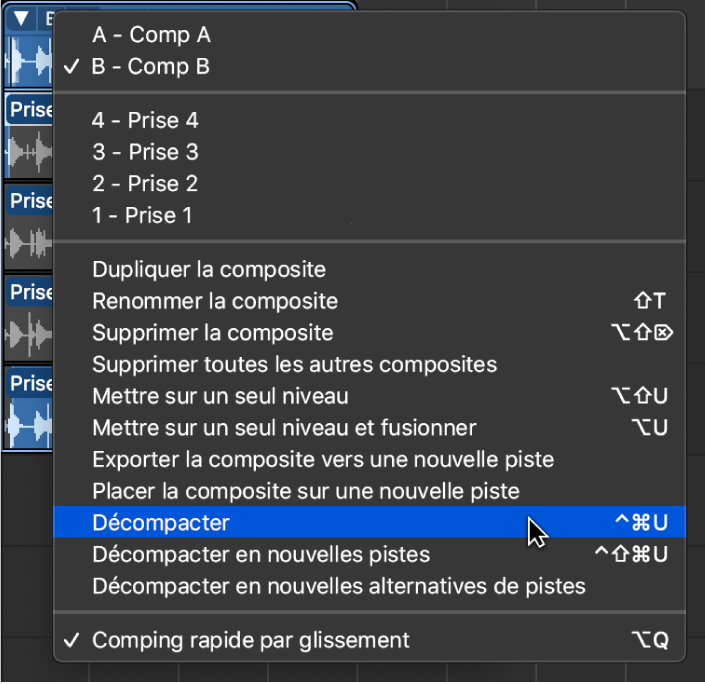 Figure. Sélection de Décompacter dans le menu local.