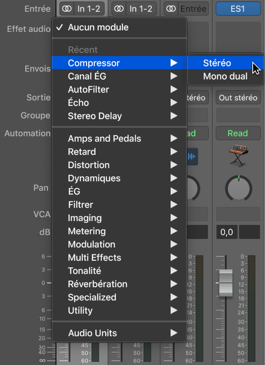 Figure. Choix d’un effet audio dans le menu local.