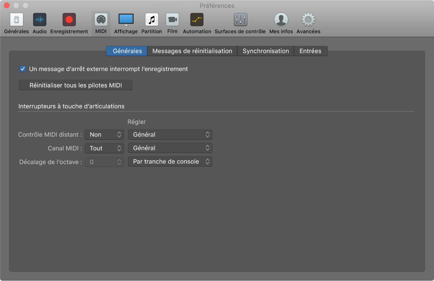 Figure. Préférences MIDI générales.