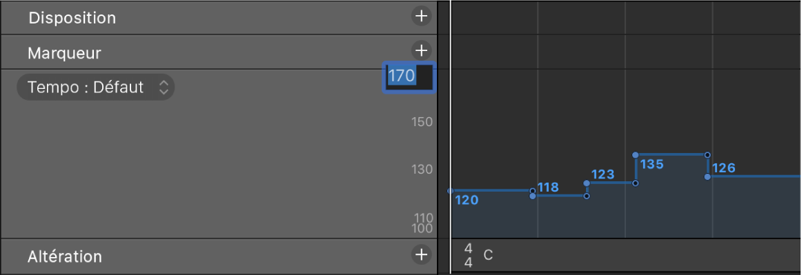 Figure. Saisie de valeurs d’échelle de tempo dans l’affichage du tempo.