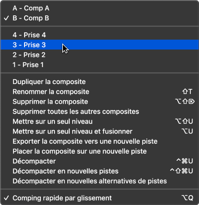 Figure. Indication d’une prise dans le menu local.