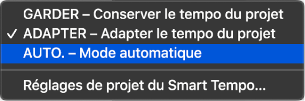 Figure. Menu de l’écran Tempo affichant trois modes Smart Tempo.