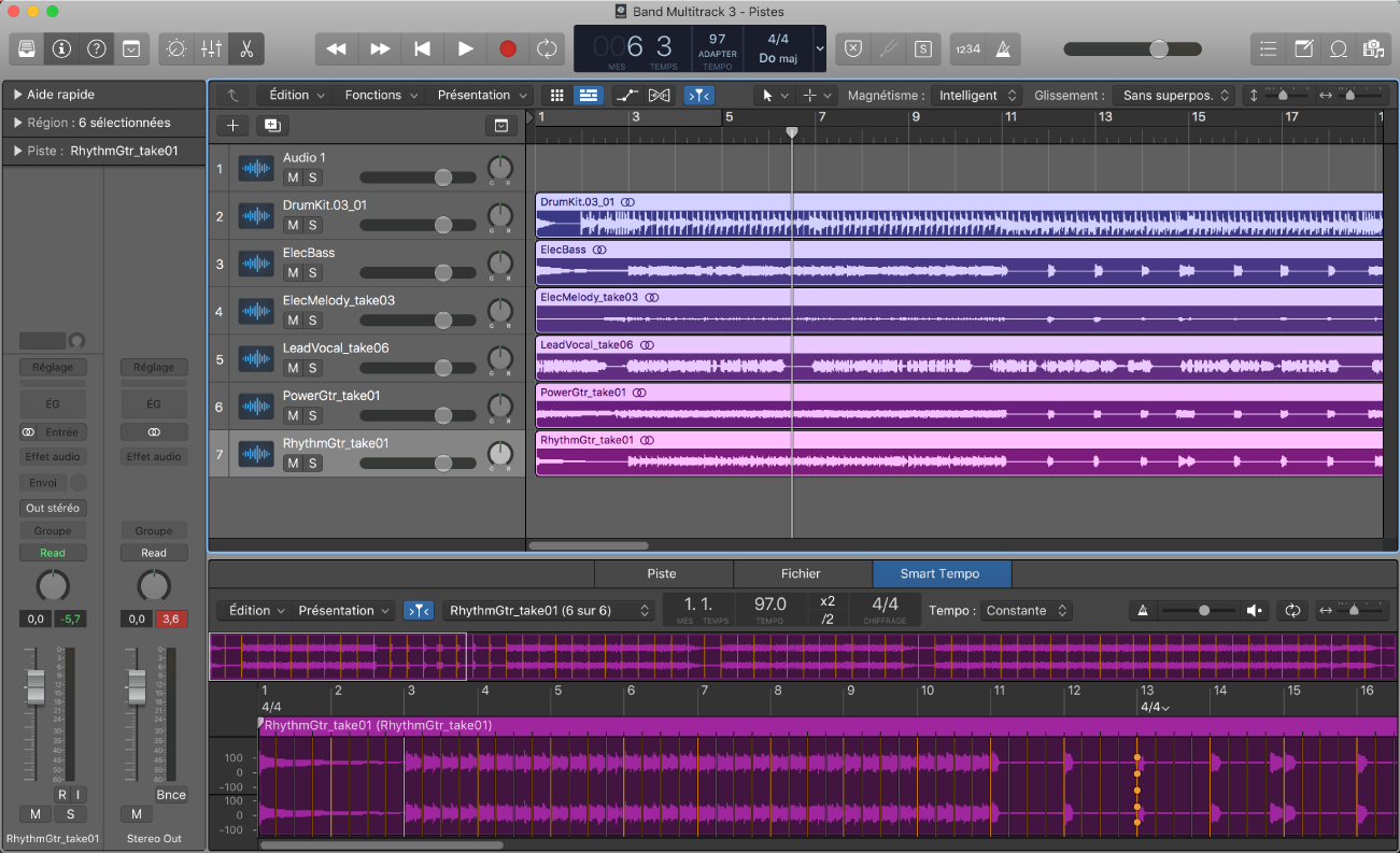 Figure. Projet Logic Pro avec des fichiers audio multipistes.