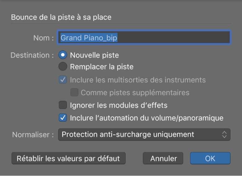 Figure. Zone de dialogue « Bounce de la piste à sa place ».