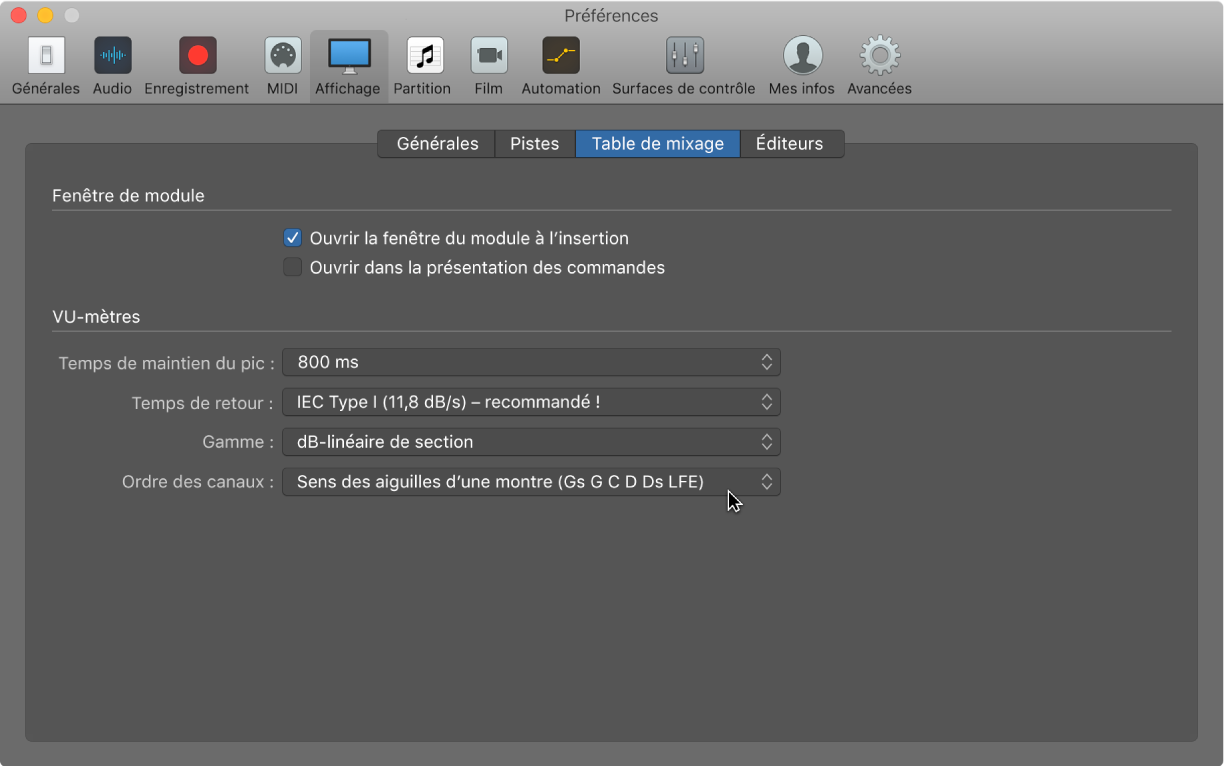 Figure. Sous-fenêtre des préférences d’affichage de la table de mixage.