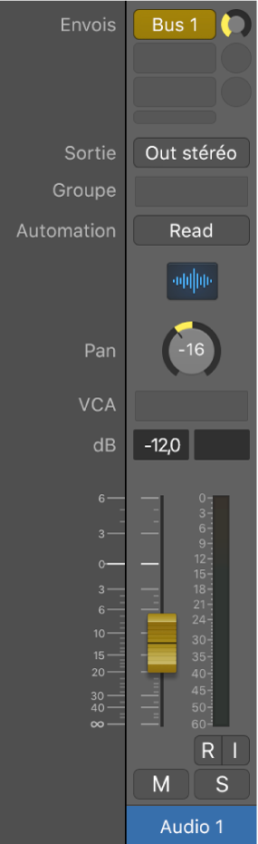 Figure. Tranche de console en mode Envois sur les curseurs.