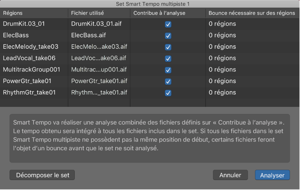 Figure. Fenêtre Set Smart Tempo multipiste montrant les fichiers audio employés dans le set multipiste.