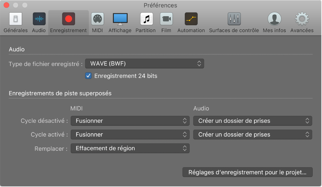 Figure. Préférences d’enregistrement.