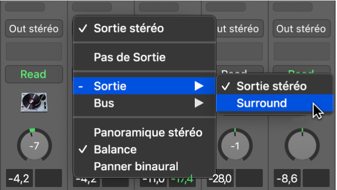 Figure. Sélection de Surround dans le menu local Sortie d’une tranche de console.