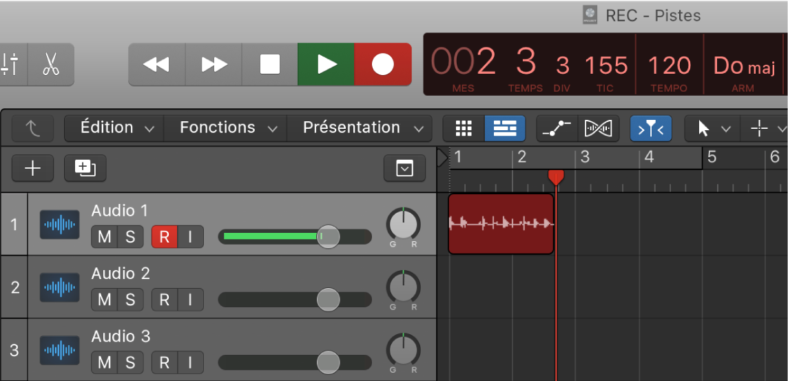 Figure. Région audio enregistrée apparaissant en rouge dans la zone Pistes.