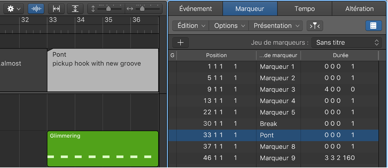 Figure. Liste des marqueurs avec première ligne de la zone Texte des marqueurs utilisée comme nom de marqueur.