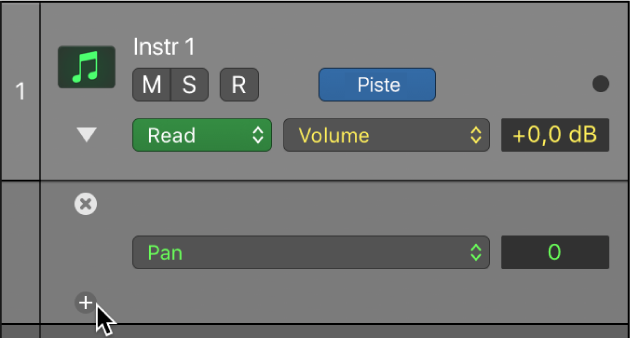 Figure. Pointeur placé sur le bouton Plus d’une sous-piste d’automation.