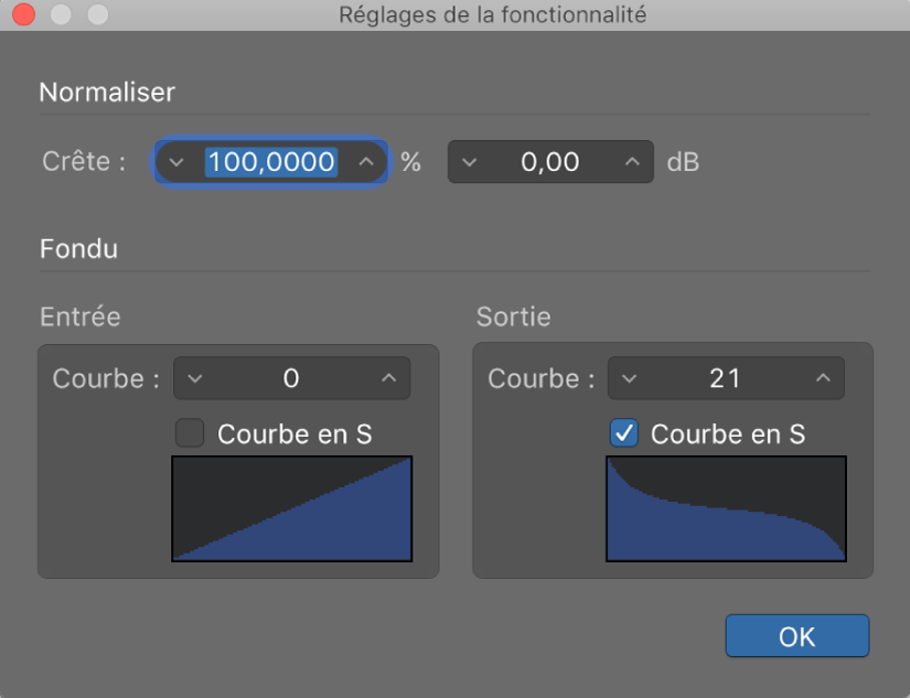 Figure. Fenêtre des réglages de fonction avec courbe en S sur le fondu sortant.