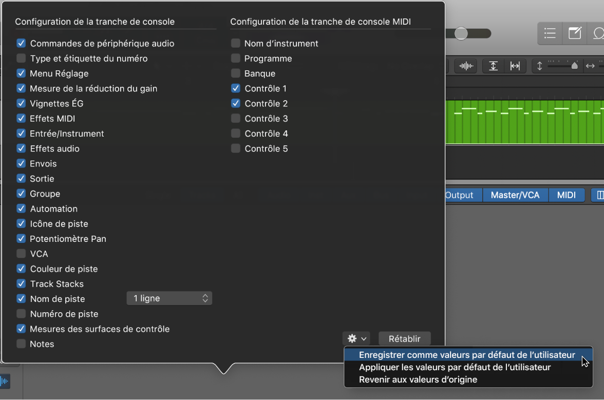 Figure. Enregistrement d’une configuration de tranche de console comme valeur personnalisée par défaut.