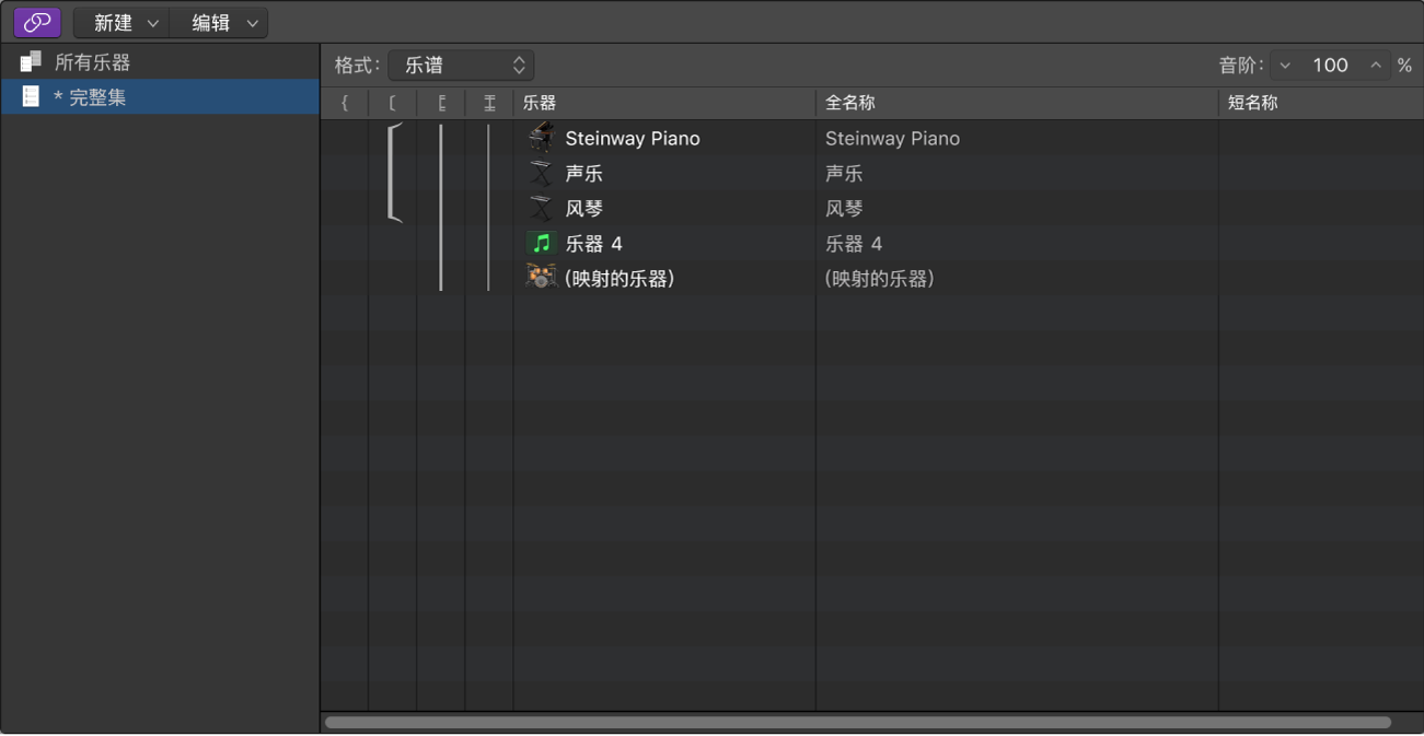 乐谱集窗口中的“数字乐器”栏。