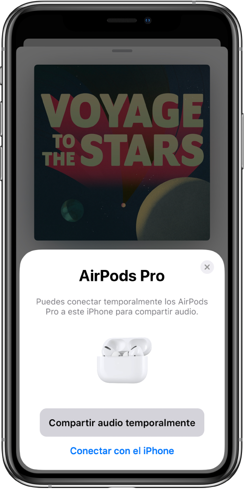 Pantalla de un iPhone mostrando unos AirPods en un estuche de carga abierto. Cerca de la parte inferior de la pantalla hay un botón para compartir el audio de forma temporal.