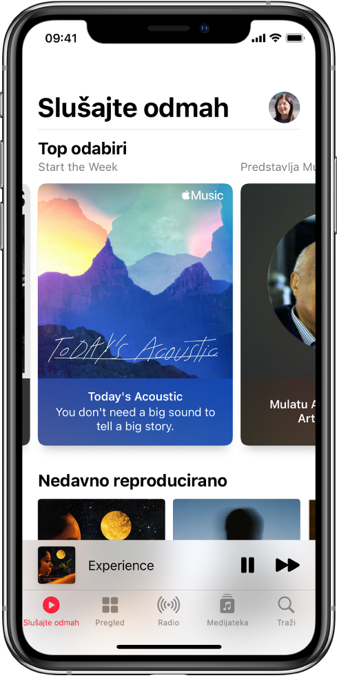 Zaslon Slušaj odmah koji prikazuje profilnu sliku gore desno. Reprodukcijske liste Top odabiri pojavljuju se ispod. Ispod Top odabira nalazi se odjeljak Nedavno reproducirano, na kojem se prikazuju dvije albuma.