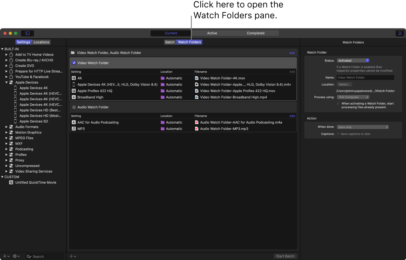 Compressor interface with the Watch Folder area showing.