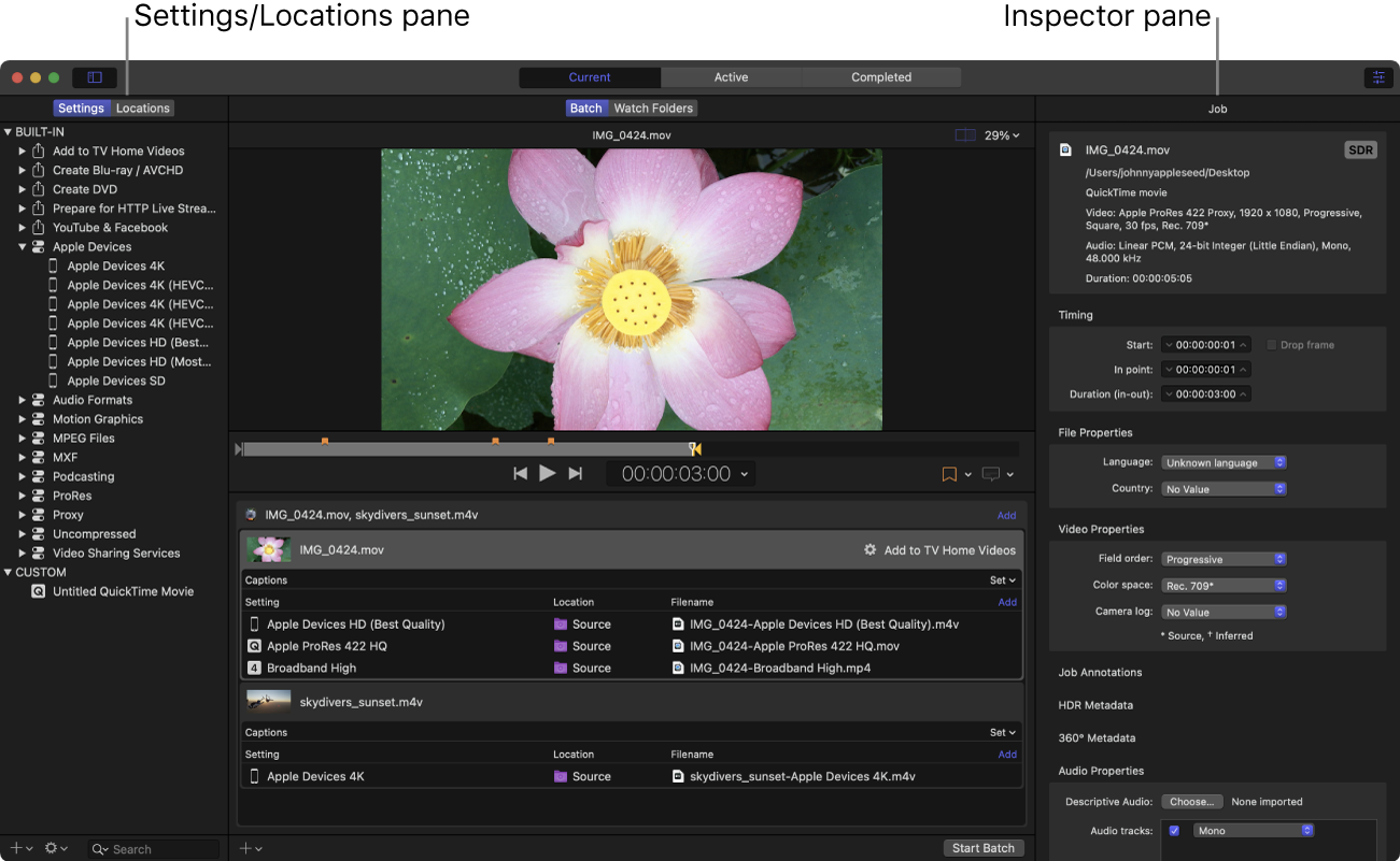 Compressor window with Settings pane and inspector pane showing