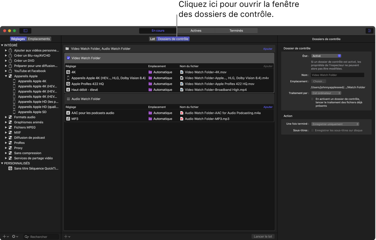 Interface Compressor avec une zone Dossiers de contrôle qui s’affiche.