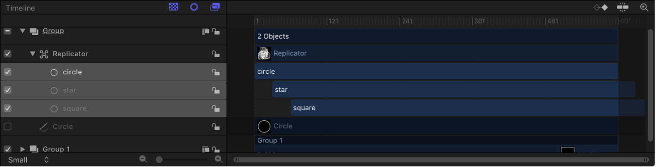 Timeline showing replicator with cells offset in time