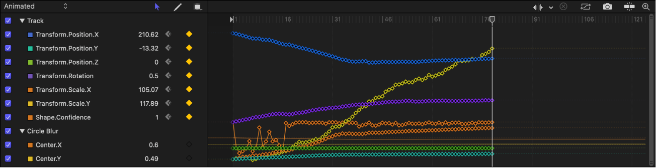 Keyframe Editor showing tracking keyframes and the Circle Blur filter’s tracked Center parameter keyframes