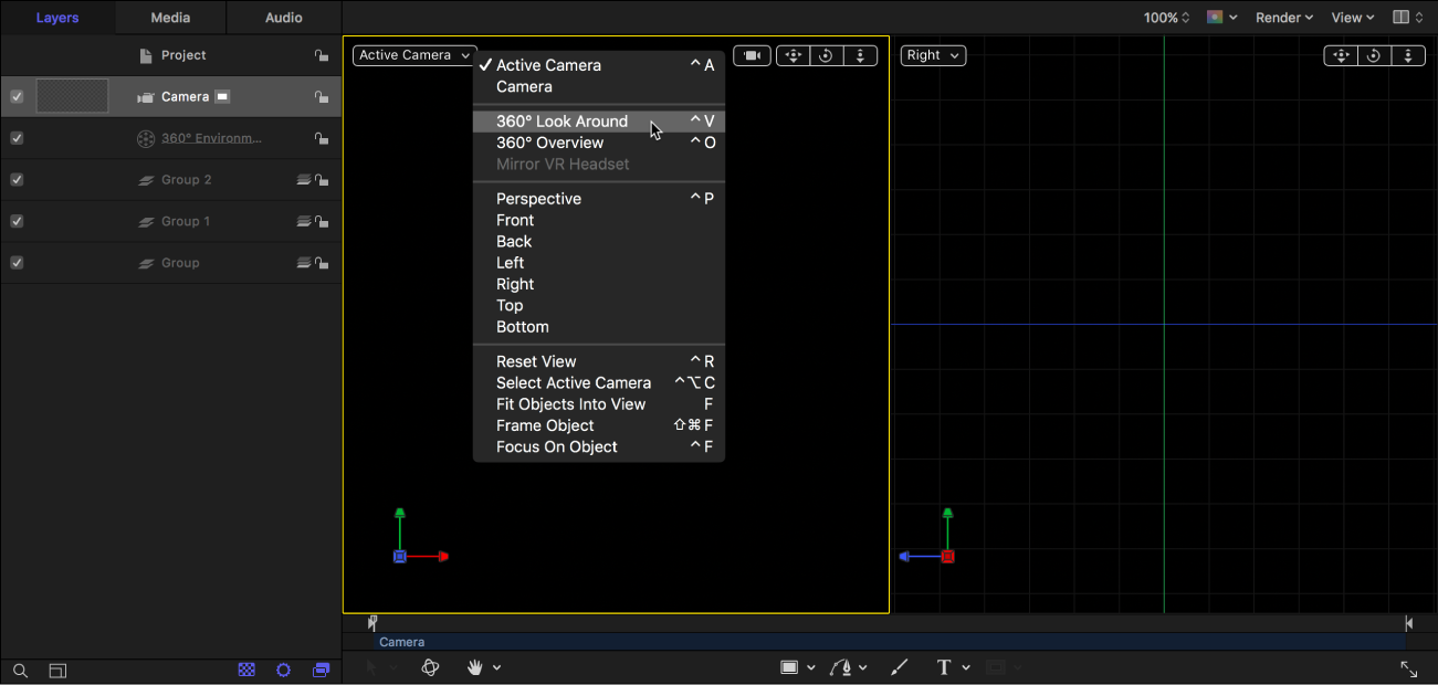 Selecting 360° Look Around from the Camera pop-up menu in the canvas