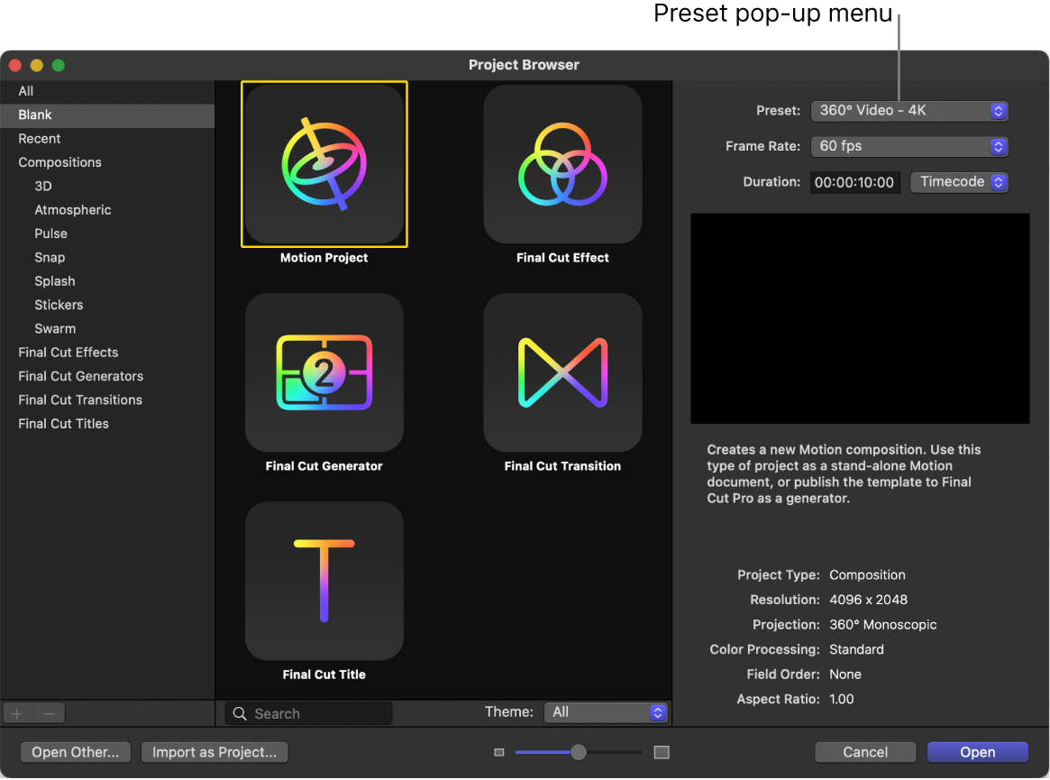 Preset pop-up menu in the Project Browser