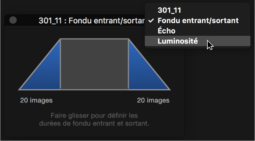 Palette dʼajustements affichant le menu local des options des ensembles de commandes