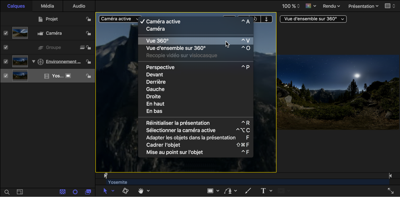 Sélectionner Vue 360° dans le menu local Caméra dans le canevas