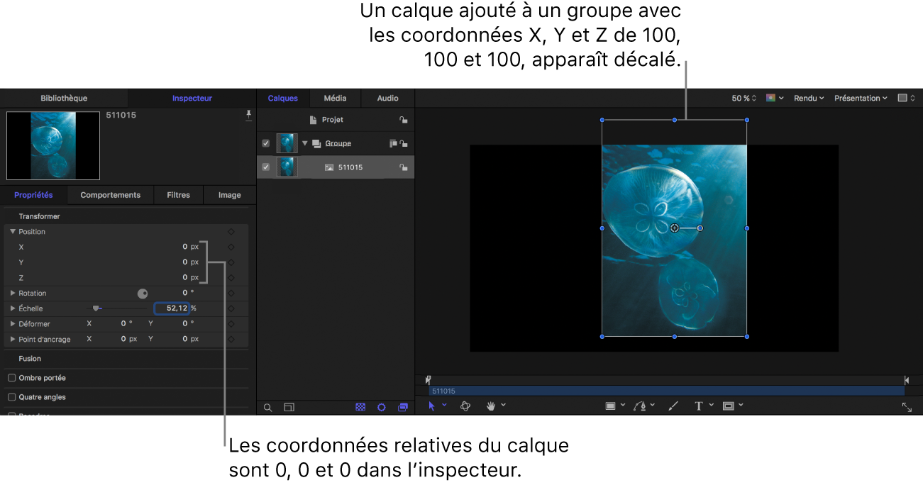 Canevas et inspecteur des propriétés affichant un calque placé dans un groupe aux coordonnées X = 100, Y = 100 et Z = 100 ; toutefois, les coordonnées du calque sont 0, 0, 0.