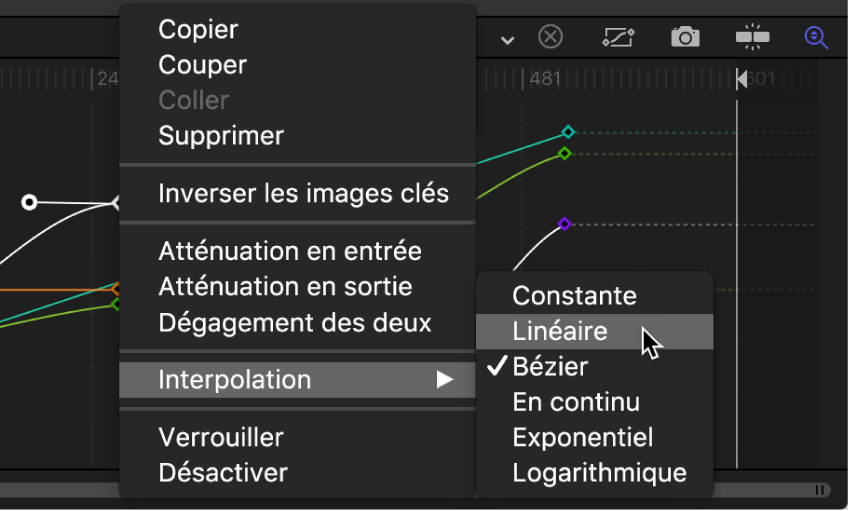 Éditeur d’images clés affichant le sous-menu Interpolation pour le segment de courbe