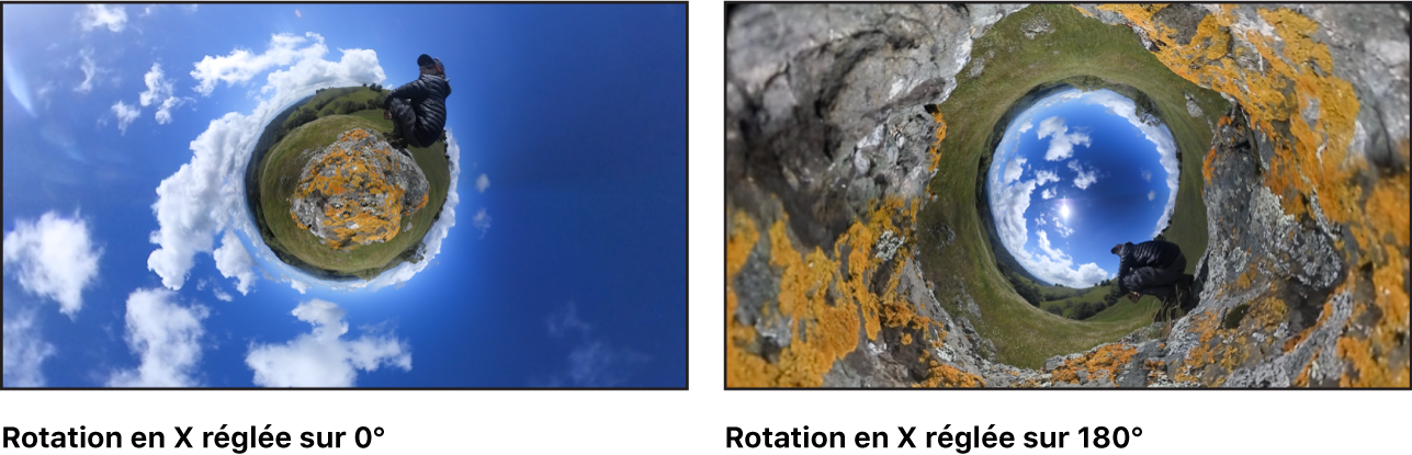 Comparaison sur le canevas de l’effet du paramètre Rotation en X défini sur 0 et du même paramètre défini sur 175